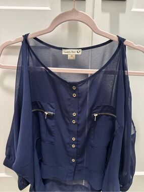Double Zero Navy Sheer Button-Front Sleeveless Blouse with Zip Pockets